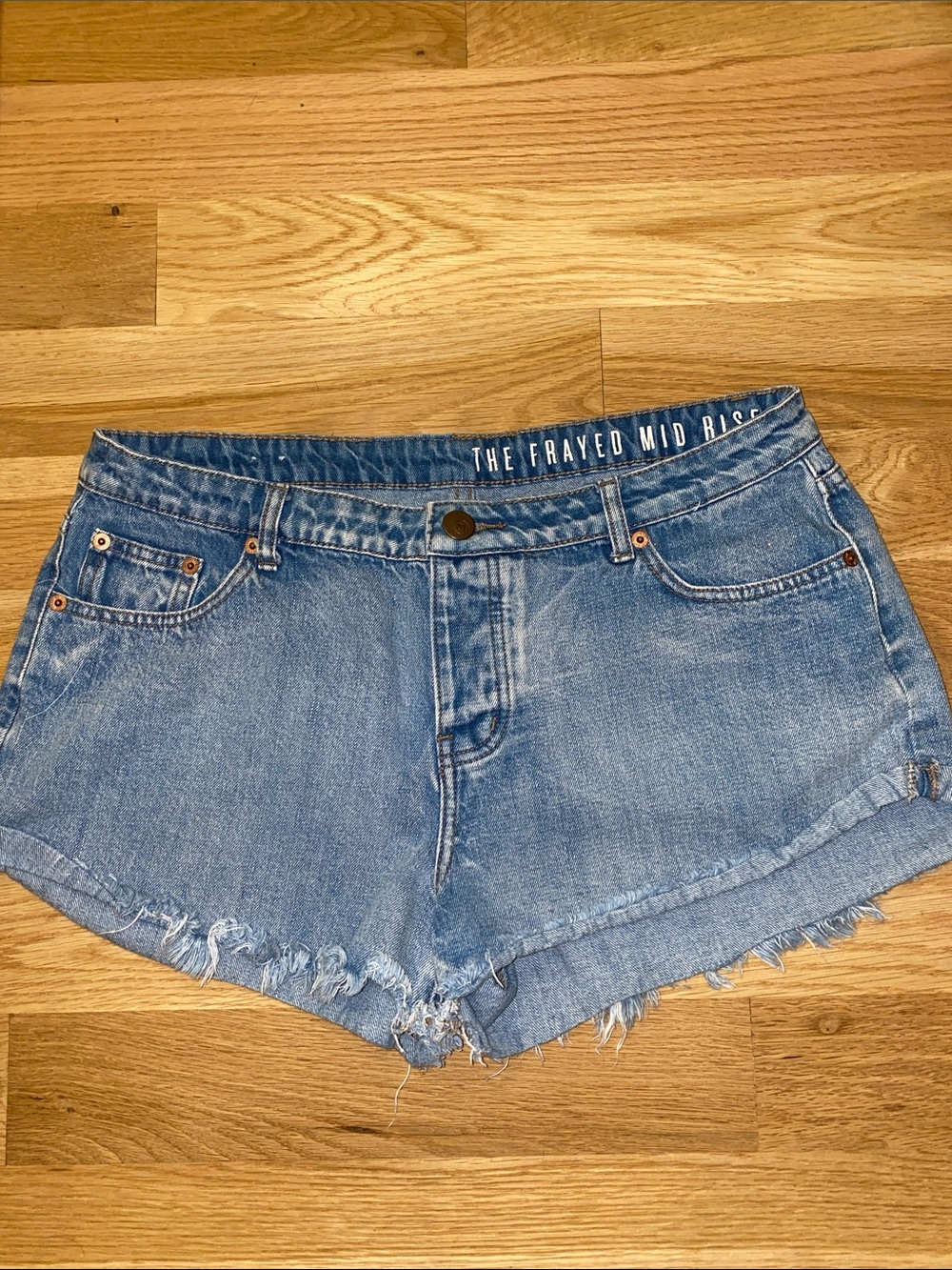 The Frayed Mid Rise Denim Shorts - Blue size 10